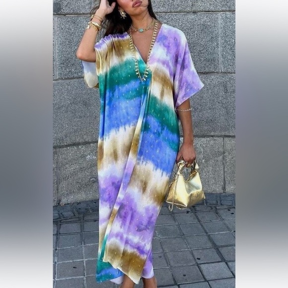 ZARA WOMAN MULTICOLORED TIE DYE ROMANTIC BOOHOO TUNIC DRESS VISCOSE SIZE XS F17